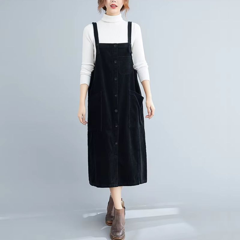 Robe Salopette Velours Côtelé Vintage Noire