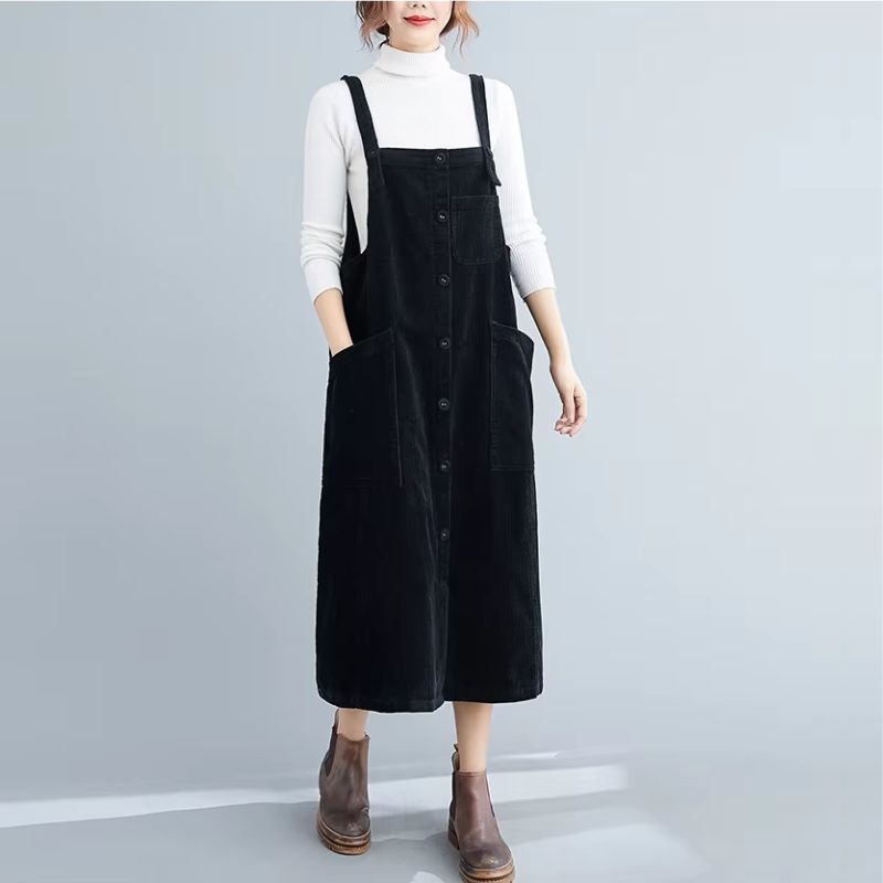 Robe Salopette Velours Côtelé Vintage Noire