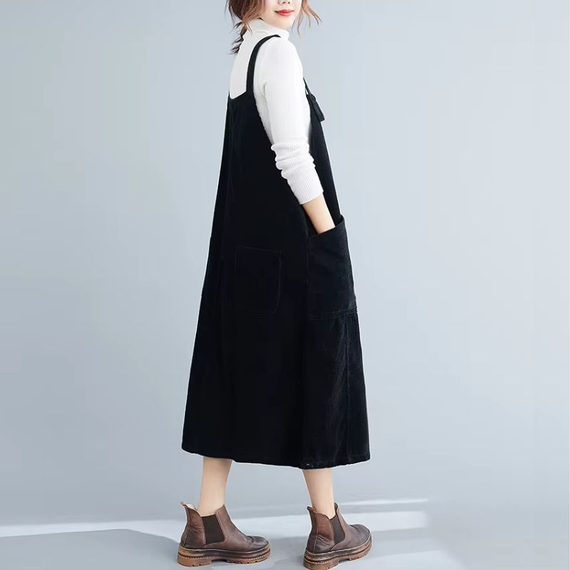 Robe Salopette Velours Côtelé Vintage Noire